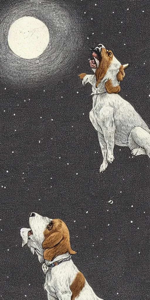 Image similar to jack russel dog looking up and howling with mouth open sad, night sky, highly detailed, side view, illustrated by peggy fortnum and beatrix potter and sir john tenniel