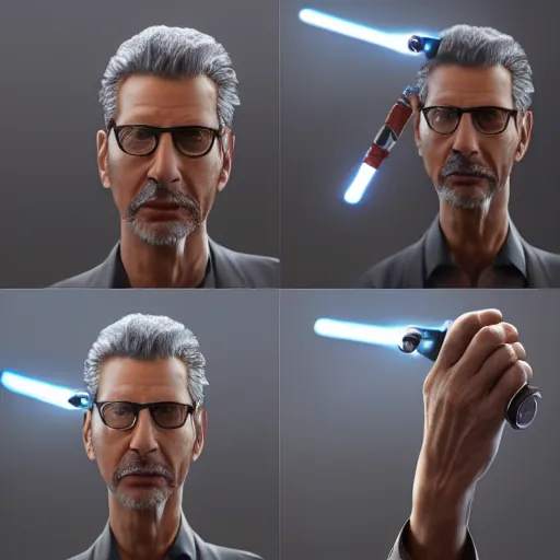 Image similar to hyperrealistic jeff goldblum wielding lightsaber, stunning 3 d render inspired by istvan sandorfi & xiang duan, perfect symmetry, dim volumetric cinematic lighting, 8 k octane comprehensive render, extremely mega hyper - detailed and lifelike attributes & atmosphere, intricate, realistic flesh texture, masterpiece, artstation, stunning,