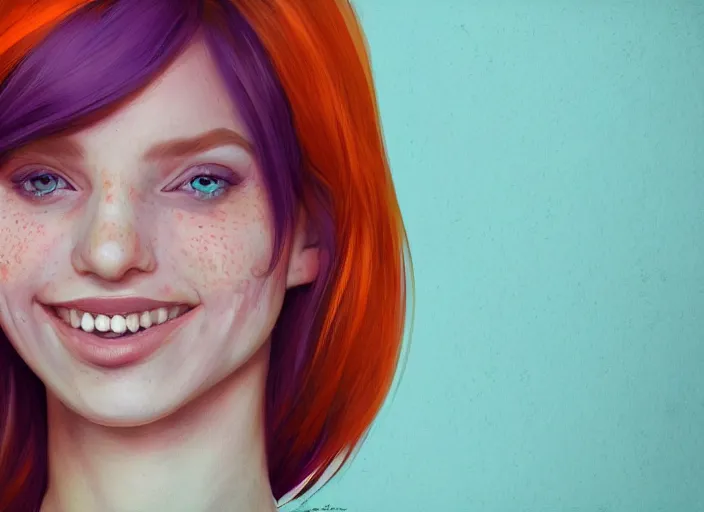 Image similar to portrait of a beautiful smiling girl with orange hair and freckles, green eyes, highly detailed, digital painting, style by Lera Kiryakova artstation, concept art, smooth, sharp, focus, illustration. background is purple