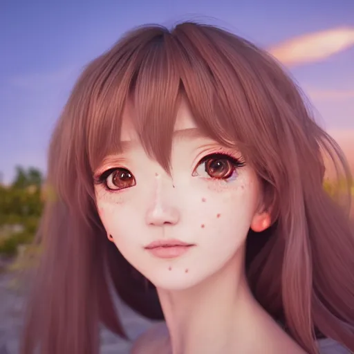 Image similar to Render of a beautiful 3d anime woman, long pink hair, full bangs, hazel eyes, cute freckles, full round face, soft smile, Chinese heritage, cute checkerboard sundress, golden hour, serene beach setting, medium shot, mid-shot, hyperdetailed, trending on Artstation, Unreal Engine 4k