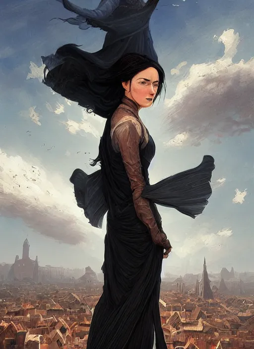 Prompt: very detailed portrait of lady vin 5 4 3 2 9 from mistborn ascending to sky from behind, wearing black tight clothing, waving the shredded in strips cloak, medieval town landscape, detailed face, trending on artstation by greg rutkowski loish rhads ferdinand knab