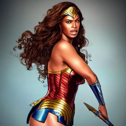 Prompt: full figure ultra realistic illustration, beyonce as wonder woman, beautiful, intricate, elegant, highly detailed, digital painting, artstation, concept art, smooth, sharp focus, illustration, art by artgerm and greg rutkowski and alphonse mucha