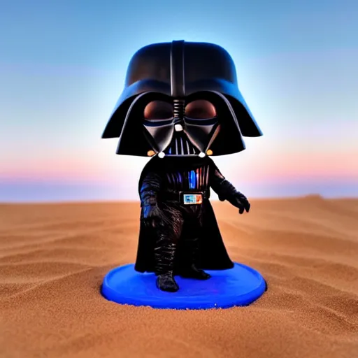 Prompt: a funko pop of darh vader buried in the sand, with sunset, macro photo, realistic photo, well detailed, 8k