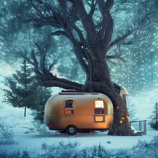 Image similar to treehouse made of a vintage airstream, fairy lights, fine art, cinematic lighting, hyperdetailed, photorealistic, high resolution, cozy!, award winning, featured in artstation, octane render