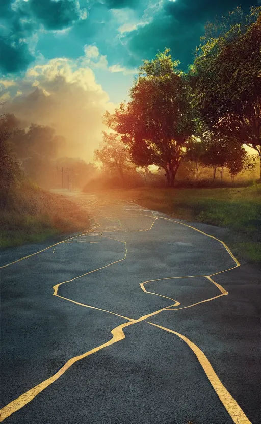 Image similar to paperback book cover. 2 0 0 0 s. pure colors, melting clouds, accurately drawn details, a sunburst above a receding road with the light reflected in furrows and ruts, after rain. photorealistic. octane render. cinematic. trending on artstation. textless.