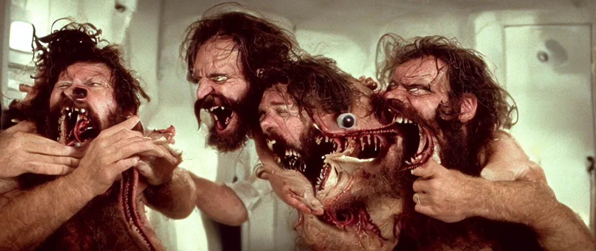 Image similar to filmic extreme wide shot movie still 4 k uhd interior 3 5 mm film color photograph of a bearded man with living teeth and tentacles grabbing another man who is screaming oh my god in the style of the horror film the thing 1 9 8 2