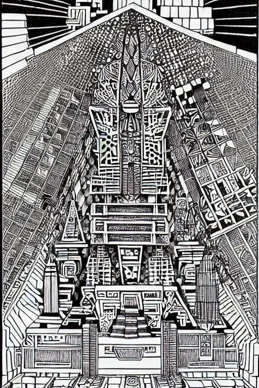 Image similar to a black and white drawing of a mayan temple cityscape, a detailed mixed media collage by hiroki tsukuda and eduardo paolozzi and moebius, intricate linework, sketchbook psychedelic doodle comic drawing, geometric, street art, polycount, deconstructivism, matte drawing, academic art, constructivism