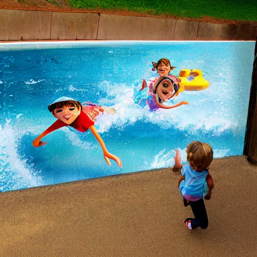 Prompt: kids going down a waterside in a watermark in the style of pixar