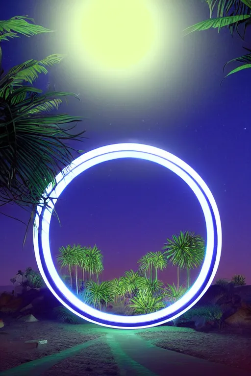 Prompt: a luminous circular stargate in the desert with a lush jungle visible on the other side