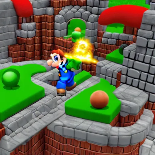 Prompt: Super mario 64 whomps fortress, rendered in unreal engine, hyper detailed