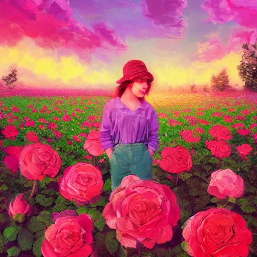 Image similar to large rose as a head, girl frontal in a flower field, surreal photography, sunrise dramatic light, impressionist painting, colorful clouds, digital painting, artstation, simon stalenhag