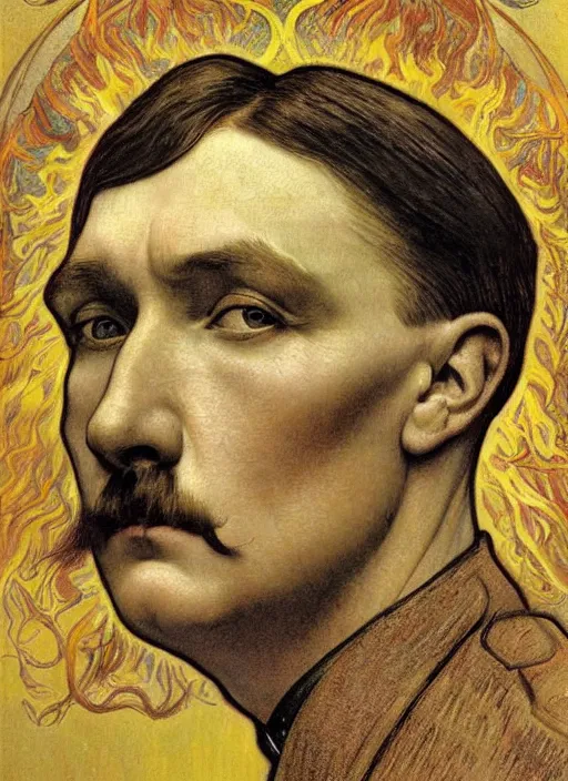 Image similar to detailed realistic beautiful young adolf hitler face portrait by jean delville, alphonse mucha, vincent van gogh, and marco mazzoni, art nouveau, symbolist, visionary, gothic, pre - raphaelite