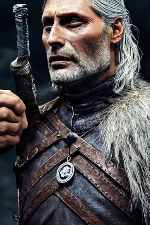 Image similar to Mads Mikkelsen as Geralt