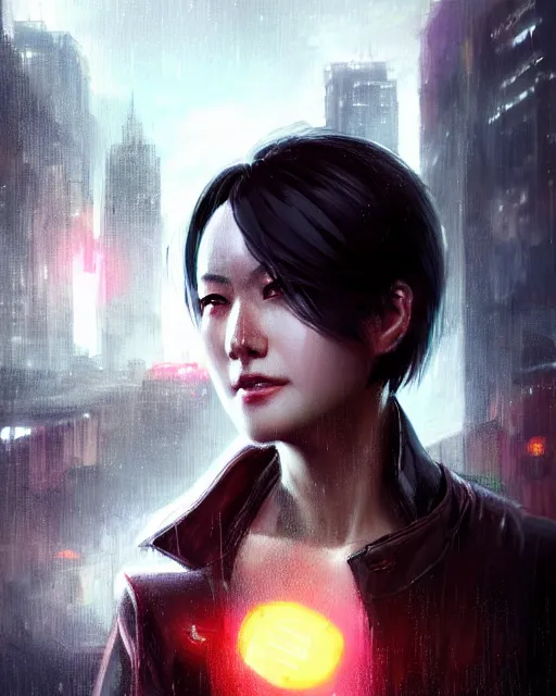 Image similar to battle hardened, sly, cunning, rugged ada wong, face centered portrait, confident, ruined cityscape, zombies, fog, rain, volumetric lighting, soft light particles floating near her, illustration, perfectly shaded, soft painting, art by krenz cushart and wenjun lin