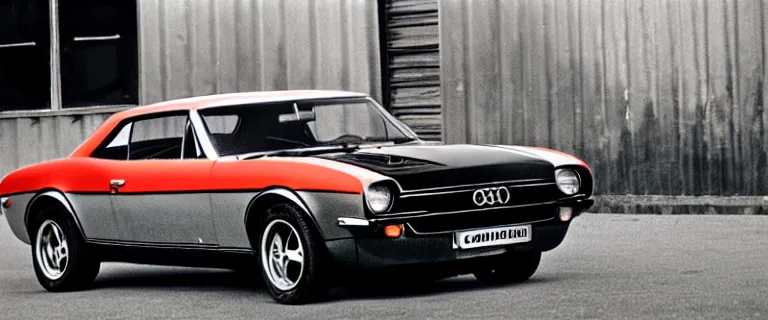 Image similar to black audi camaro b 1 ( 1 9 6 7 ) with stripes, retro poster, establishing shot