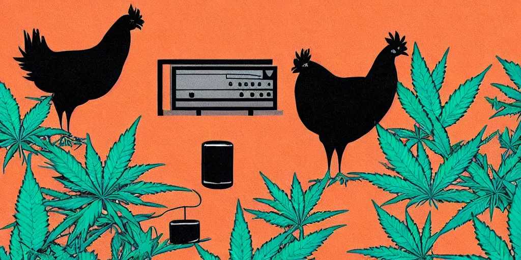 Image similar to 'black chicken'!!! smoking 'cannabis'!!!!!! in front of 'audio console'!!!! and 'multi monitors'!!!! 'in a hi-tech tv broadcasting studio'!!!!, artwork by James Gilleard