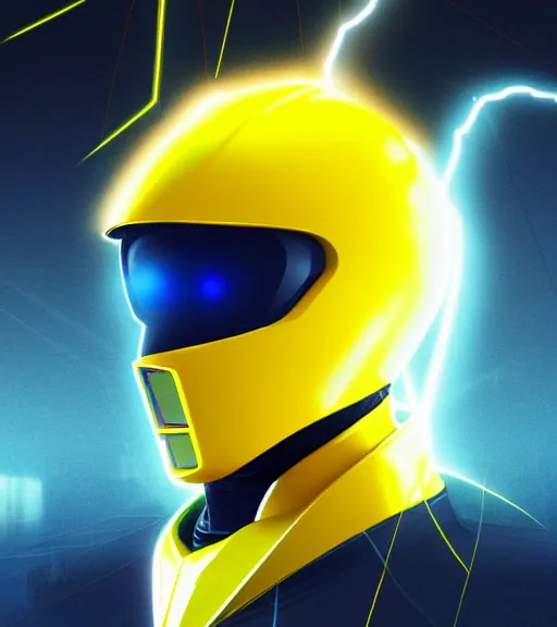 Image similar to symmetry!! yellow ranger, lightning - bolt - shaped helmet!!, hard edges, product render retro - futuristic poster scifi, lasers and neon circuits, thunder strikes, lightning, intricate, elegant, highly detailed, digital painting, artstation, concept art, smooth, sharp focus, illustration, dreamlike, art by artgerm
