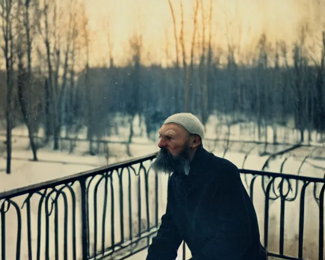 Image similar to lomographic tarkovsky film still of 4 0 years russian man with beard and sweater standing on small hrushevka 9 th floor balcony full with cigarette smoke in winter taiga looking at sunset, cinestill, bokeh