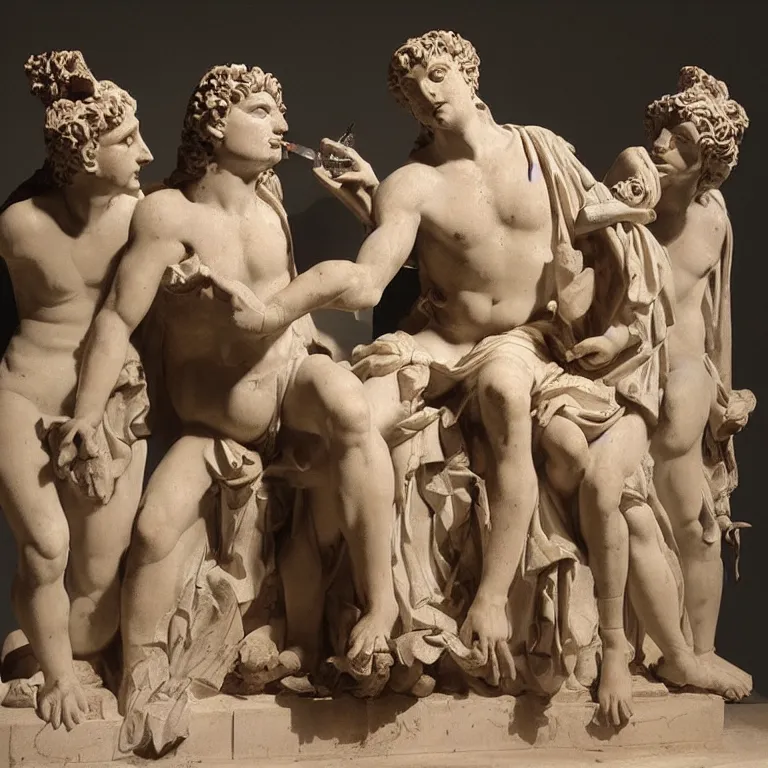 Prompt: at the rave, Dionysus drinks wine to forget his painful memories, ancient greek sculpture