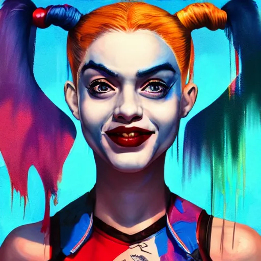 Image similar to Portrait of Harley Quinn but she's a beautiful ape-girl with long pony tails on either side of her head, illustration, by James Jean, artgerm, octane render, by John Coltrane and Marc Simonetti, Manic, graffiti background, kinemacolor, colorful, high detail of the face, full body