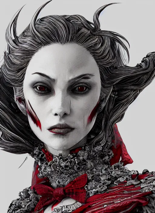 Image similar to close up portrait of a vampire in an elegant dress, red and grey colors, powerful, domineering, stoic, masterful, intense, ultrafine hyperdetailed illustration by kim jung gi, irakli nadar, intricate linework, sharp focus, octopath traveler, yoji shinkawa, highly rendered, detailed, concept art