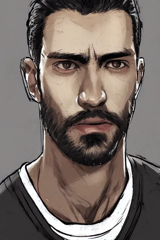 Image similar to very detailed portrait of a rugged man in his early thirties, strong jaw, deep black eyes, latino features, wearing a black!! t - shirt, earthy color scheme, by wlop and krenz cushart and artgerm, 9 0 s style, detailed eyes, starry background, trending, on artstation.