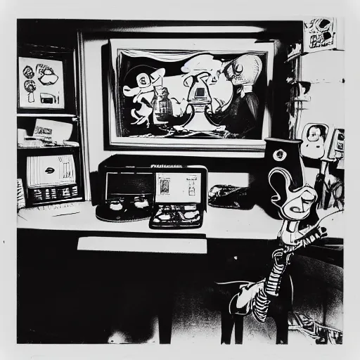 Prompt: a black and white polaroid photograph of a control center, by gary baseman, in the style of robert crumb, in the style of jim henson, cinematic lighting, soft lighting, surreal, pulp, romantic lighting, photorealism, 8 k