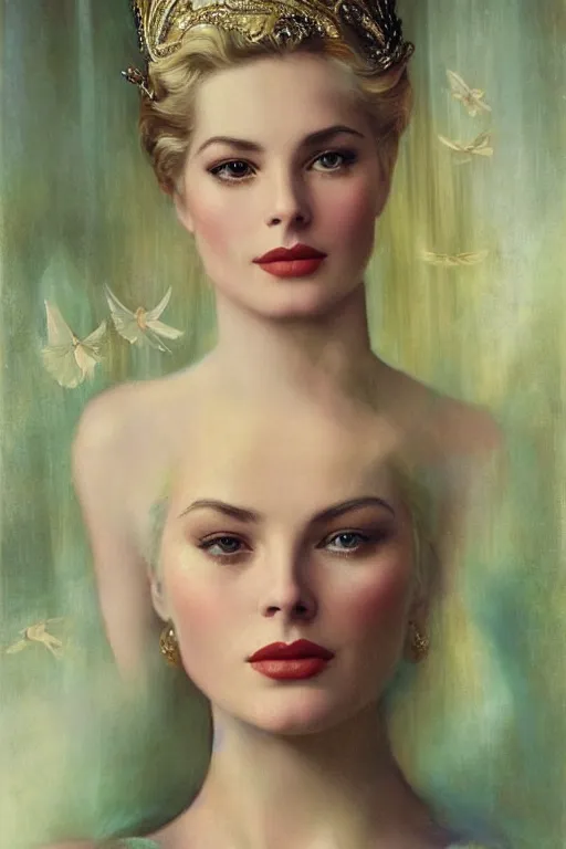 Image similar to A young and extremely beautiful Grace Kelly explaining the birds and the bees by Tom Bagshaw in the style of a modern Gaston Bussière, art nouveau, art deco, surrealism. Extremely lush detail. Perfect composition and lighting. Profoundly surreal. Sultry look on her face.