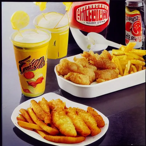 Prompt: 1980s Fast Food commercial photograph of a dish made with lemons, crispy chicken, fried pickles and jalepenos, Lemon sauce dripping over it