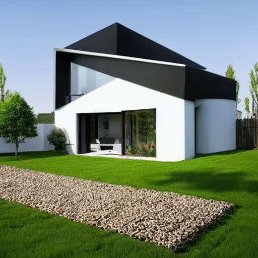 Image similar to Modern gable roofed Farmhouses compound, garden, white block fence,