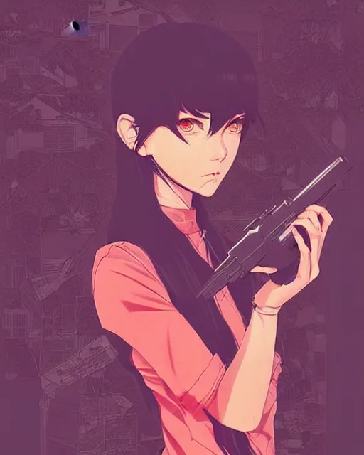 Image similar to girl holding flashbang, detailed manga illustration!! intricate details, beautiful perfect face, perfect body, aesthetically pleasing pastel colors, poster background, aesthetic details, art by conrad roset and ilya kuvshinov