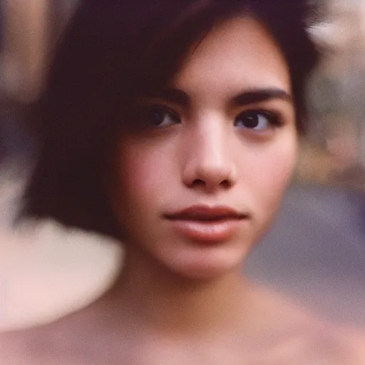 Prompt: a close-up of a gorgeous woman’s face looking at the camera with a mix of desperation and awe, soft blurred city background, captured in low light and soft focus, cinestill 800t