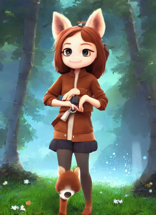 Prompt: female explorer mini cute girl, character adoptable, highly detailed, rendered, ray - tracing, cgi animated, 3 d demo reel avatar, style of maple story and zootopia, maple story indiana, fluffy fox ears, dark skin, cool clothes, soft shade, soft lighting, portrait pose