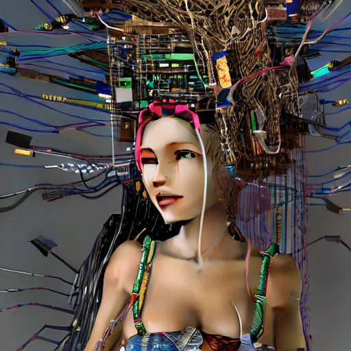 Image similar to piles of modular synth cables mixed with mangrove roots mixed with old video game consoles, kawaii puerto rican goddess chilling out wearing a headpiece made of circuit boards, by cameron gray, wlop, stanley kubrick, masamune, hideki anno, jamie hewlett, unique perspective, epic, trending on artstation, 3 d render, vivid