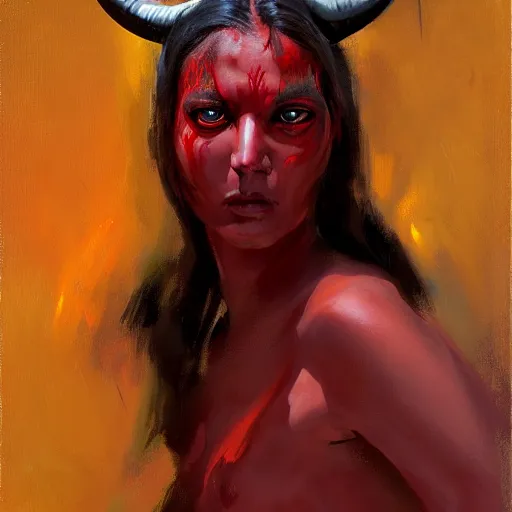 Image similar to painted portrait of an intimidating demon girl with ram horns and red skin. oil painting, fantasy art by greg retkowski and john singer sargent, character design
