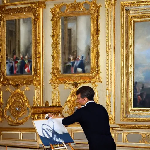 Prompt: Emmanuel Macron painting Abstract art at Versailles