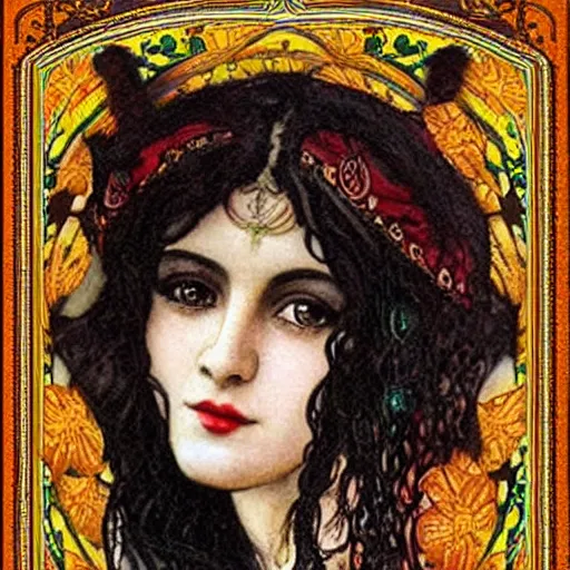 Prompt: gypsy girl, dark hair, art nouveau, jugendstil