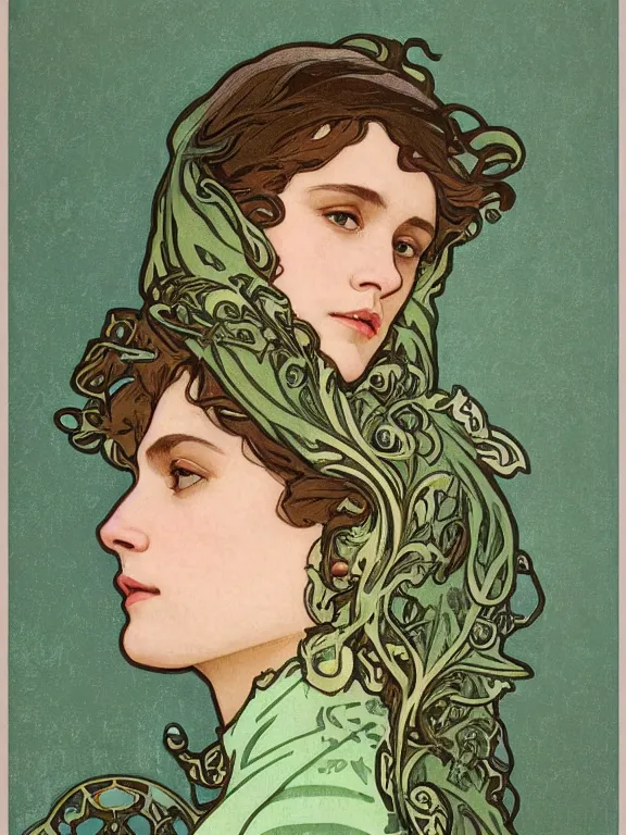 Prompt: an art nouveau mucha poster style head and shoulders portrait oil painting of a pretty young alicia jessica vikander alba wearing an oversize grey - green t - shirt, intricate, detailed, smooth, complex, elaborate, by alphonse mucha and james gurney and john william waterhouse and bouguereau