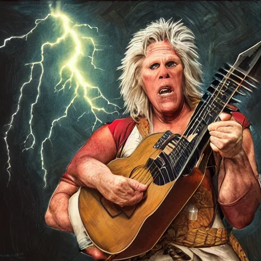 Prompt: detailed photo of a Half-orc bard portrayed by Gary Busey playing a lute on a wooden stage, 8k,by Tristan Eaton, Stanley Artgermm, Tom Bagshaw, Greg Rutkowski, Carne Griffiths, trending on DeviantArt, face enhance, hyper detailed ,full of color, dramatic lightning, epic stance