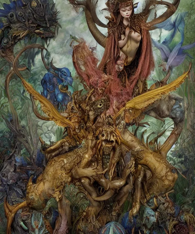 Prompt: a portrait photograph of a meditating fierce sadie sink as a colorful harpy antilope super villian with slimy blue skin with reptilian scales. her body is transforming into an beast. by donato giancola, hans holbein, walton ford, gaston bussiere, peter mohrbacher and brian froud. 8 k, cgsociety, fashion editorial