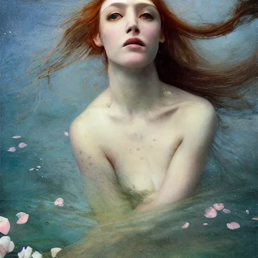 Prompt: goddess of magnolias, wind swept hair, murky underwater and dreaming by jeremy lipkin, vincent di fate, hieronymus bosch, rule of thirds, seductive look, beautiful