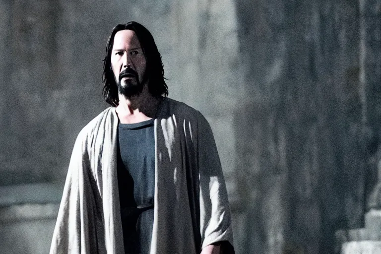 Image similar to promotional image of Keanu Reeves as Jesus Christ in the new movie directed by Christopher Nolan, 50mm film, movie still, promotional image, cinematic