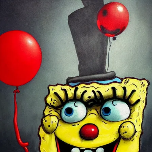 Image similar to grunge painting of spongebob with a wide smile and a red balloon by chris leib, loony toons style, pennywise style, corpse bride style, horror theme, detailed, elegant, intricate