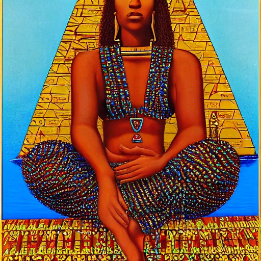 Prompt: a high priestess sitting cross - legged in front of a golden pyramid, by abdul mati klarwein