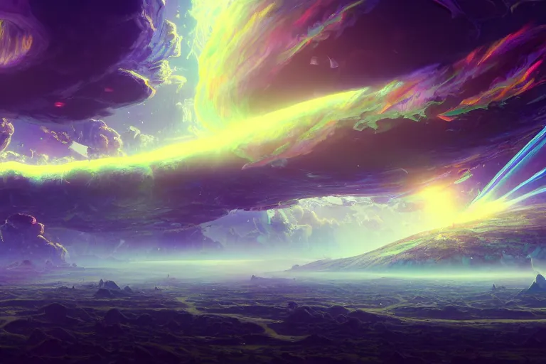 Prompt: a psychedelic realm with rolling plains made out of clouds, and torn rift in the sky that leads into another galaxy in another universe, in the style of wlop, illustration, epic, fantasy, hyper detailed, smooth, unreal engine, sharp focus, ray tracing