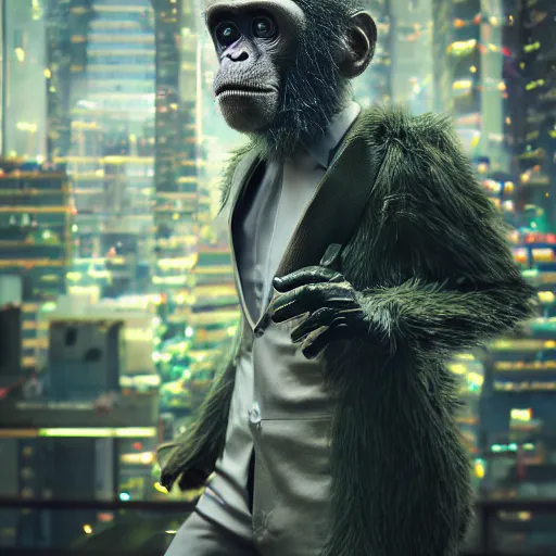 Image similar to Photography of ultra mega super hyper realistic detailed monkey by Hiromasa Ogura wearing cyberpunk style suit . Photo made from 30 meters distance on Leica Q2 Camera, Rendered in VRAY and DaVinci Resolve and MAXWELL and LUMION 3D, Volumetric natural light. Wearing cyberpunk suit with many details by Hiromasa Ogura .Rendered in VRAY and DaVinci Resolve and MAXWELL and LUMION 3D, Volumetric natural light