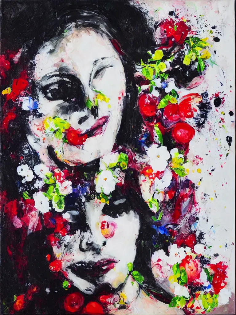 Image similar to “art in an Australian artist’s apartment, organic, portrait of a woman wearing white silk, neoexpressionist, eating luscious fresh raspberries and strawberries and blueberries, edible flowers, black background, acrylic and spray paint and wax and oilstick on canvas”