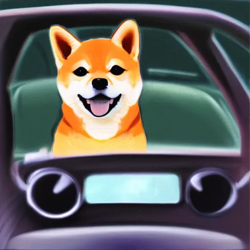 Prompt: anthro shiba inu driving a car, digital art