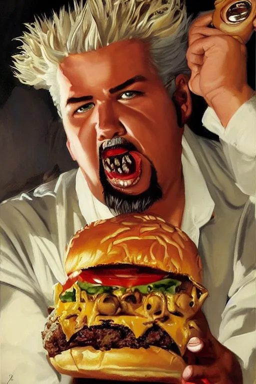 Image similar to guy fieri devouring burger, painting by jc leyendecker!! phil hale!, angular, brush strokes, painterly, vintage, crisp