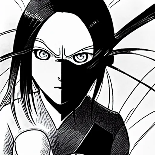 Image similar to alita by yukito kishiro. medium shot. black and white manga. pencil drawing.